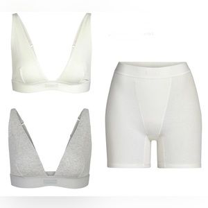 SKIMS BUNDLE of 3: 2 cotton ribbed plunge bralettes and 1 boxer short, Medium